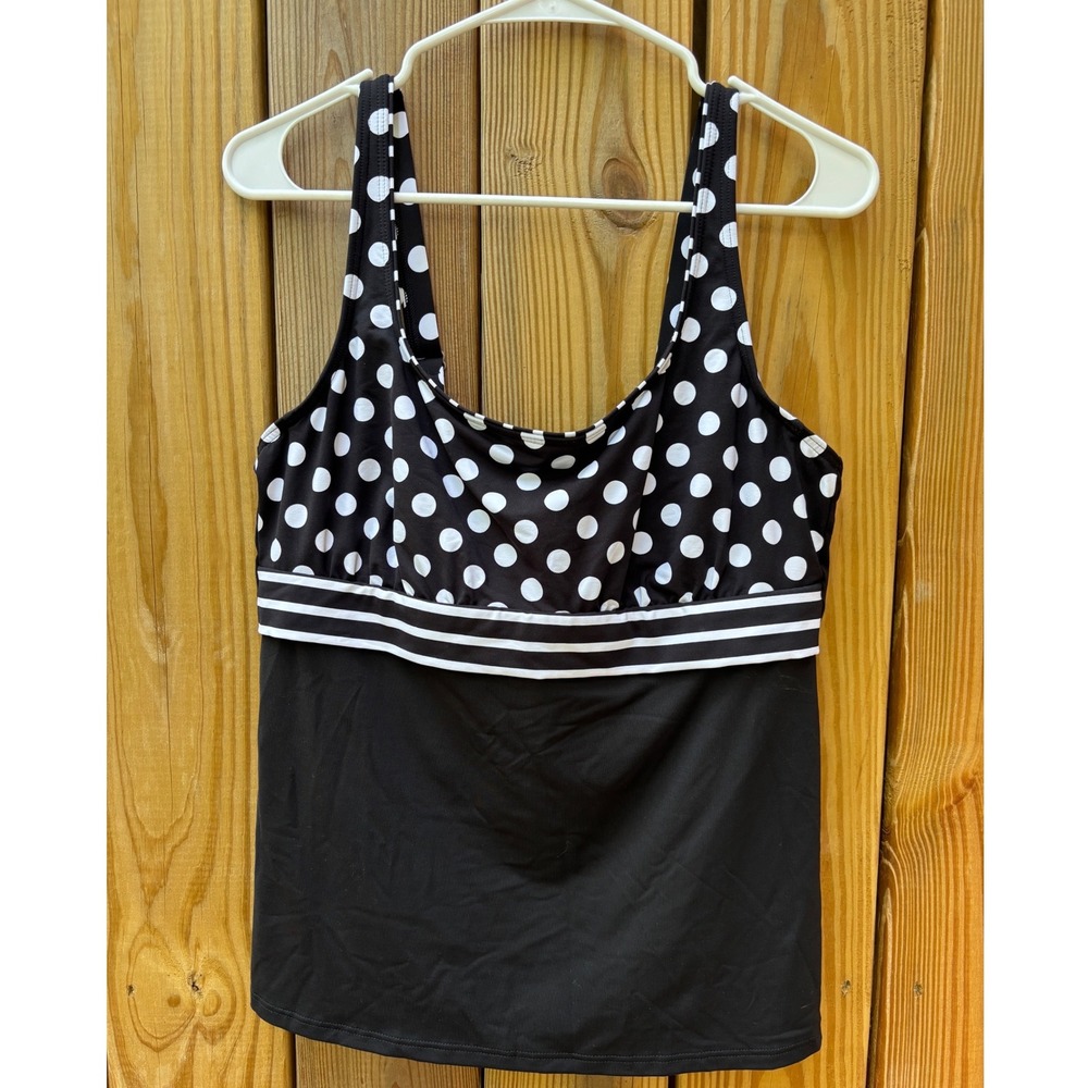 Lands End Womens Polka Dot Tankini Top Black White Stripe 14 Swimwear Underwire